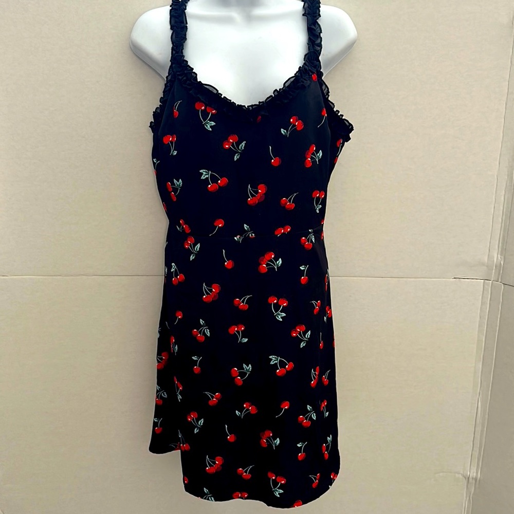 SHEIN Black Asymmetrical Dress with Cherry Print